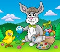 Easter bunny artist and chicken Royalty Free Stock Photo