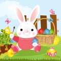 Easter bunny artist. Easter rabbit paints eggs. Vector illustration.