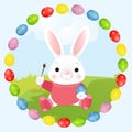 Easter bunny artist. Easter rabbit paints eggs. Vector illustration. Isolated on a white background.