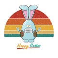 Easter bunny badass and funny cartoon character with bunny ears isolated on vitnage sun. rock n roll easter party poster