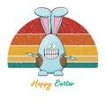 Easter bunny badass and funny cartoon character with bunny ears isolated on vitnage sun. rock n roll easter party poster