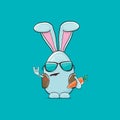 Easter bunny badass and funny cartoon character with bunny ears isolated on blue background. rock n roll easter party