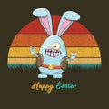 Easter bunny badass and funny cartoon character with bunny ears isolated on vitnage sun background. rock n roll easter