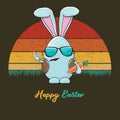 Easter bunny badass and funny cartoon character with bunny ears isolated on vitnage sun background. rock n roll easter