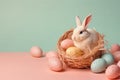 Easter bunny in basket with colorful easter eggs in pastel toned. Generative AI. Space for text Royalty Free Stock Photo