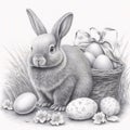 Easter bunny and basket with eggs. Black and white illustration Royalty Free Stock Photo