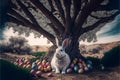 Easter Bunny, Basket And Eggs Created With Generative AI Technology