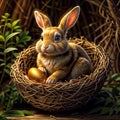 Easter bunny with basket of eggs. Illustration of a realistic rabbit, golden egg. Fluffy bunny with pink ears. Chicken nest, straw Royalty Free Stock Photo