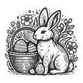 Easter Bunny with Basket and Eggs sketch vector Royalty Free Stock Photo