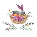 Easter Bunny in a basket with eggs and wildflowers Royalty Free Stock Photo