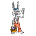 The Easter bunny with a basket full of painted Easter eggs on a white isolated background. Vector image