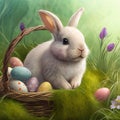 Easter bunny in a basket with painted eggs and crocus flowers Royalty Free Stock Photo