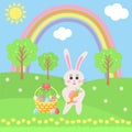 Easter bunny with basket of painted eggs on the meadow. Sunny spring landscape with rainbow, trees, dandelions and daisies. Happy