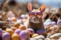 Easter bunny at the beach with sunglasses and easter eggs enjoying the sunny day and spreading joy with colorful surprises, easter Royalty Free Stock Photo