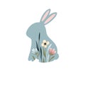 easter bunny. blue silhouette of a rabbit with spring flowers. festive color illustration