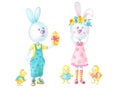 Easter Bunny-boy holds an Easter agg in its paws. Cute watercolor cartoon Bunny-girl in dress and shoes and with wreath