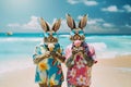 Easter bunny boys enjoying ice cream on sunny beach with blue sky background. Anthropomorphic animals