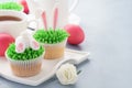 Easter bunny and ears cupcakes with eggs and tea Royalty Free Stock Photo