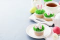 Easter bunny and ears cupcakes and tea Royalty Free Stock Photo