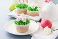 Easter bunny and ears cupcakes and tea Royalty Free Stock Photo