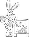 Outlined Easter Rabbit Cartoon Character With Colored Egg In Front Of A Wooden Text Sign