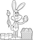 Outlined Happy Cartoon Character Rabbit Painting Easter Eggs