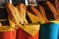 Easter bunny cake in close up picture. Rustic buckets with homemade hot buns ready for Easter time. Easter bunnies bread baked as Royalty Free Stock Photo