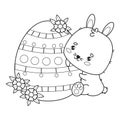 Easter bunny character with big paschal egg. Animal outline kawaii character. Vector illustration. Line drawing