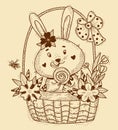 Easter bunny character. Cute rabbit with big lollipop in Easter basket with flowers and bow. Vector illustration