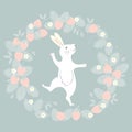 Easter Bunny character. Happy running and dancing bunny. Flower strawberry frame silhouette