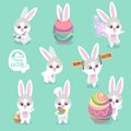 Easter bunny characters. Cute rabbit with easter egg cartoon bunnies vector set