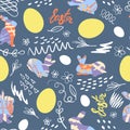 Easter bunny, chicken eggs and doodle with the inscription Easter. Festive seamless pattern. Vector Royalty Free Stock Photo