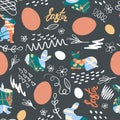 Easter bunny, chicken eggs and doodle with the inscription Easter. Festive seamless pattern. Vector Royalty Free Stock Photo