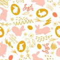 Easter bunny, chicken eggs and doodle with the inscription Easter. Festive seamless pattern. Vector Royalty Free Stock Photo