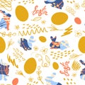 Easter bunny, chicken eggs and doodle with the inscription Easter. Festive seamless pattern. Vector Royalty Free Stock Photo