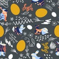 Easter bunny, chicken eggs and doodle with the inscription Easter. Festive seamless pattern. Vector Royalty Free Stock Photo