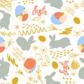 Easter bunny, chicken eggs and doodle with the inscription Easter. Festive seamless pattern. Vector Royalty Free Stock Photo