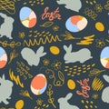 Easter bunny, chicken eggs and doodle with the inscription Easter. Festive seamless pattern. Vector Royalty Free Stock Photo