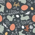 Easter bunny, chicken eggs and doodle with the inscription Easter. Festive seamless pattern. Vector Royalty Free Stock Photo