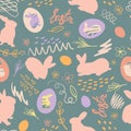 Easter bunny, chicken eggs and doodle with the inscription Easter. Festive seamless pattern. Vector Royalty Free Stock Photo