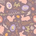 Easter bunny, chicken eggs and doodle with the inscription Easter. Festive seamless pattern. Vector Royalty Free Stock Photo