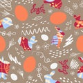 Easter bunny, chicken eggs and doodle with the inscription Easter. Festive seamless pattern. Vector Royalty Free Stock Photo