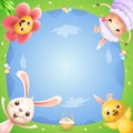 Easter bunny chicken flower and lamb on spring landscape with easter eggs celebrate Easter - down view Royalty Free Stock Photo