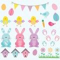 Easter Bunny Chicks Collections.Bunting Banner,Easter Eggs,Flower,Bird House. Royalty Free Stock Photo