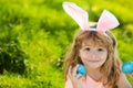 Easter bunny child boy with cute face. Kids hunting easter eggs. Children activity for Easter in nature.