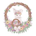 Vector pastel floral easter bunny illustration with flowers, easter eggs, basket, wreath, chocolate candies. colorful easter hare.