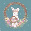 Vector pastel floral easter bunny illustration with flowers, easter eggs, basket, wreath, chocolate candies. sweet colorful easter Royalty Free Stock Photo