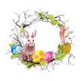 Easter Bunny With Colored Eggs, Branches, Spring Leaves, Feathers. Vintage Wreath. Watercolor