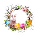 Easter bunny with colored eggs, branches, spring leaves, feathers. Vintage wreath. Watercolor