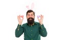 Easter bunny colored eggs. Culture customs and traditions. Holiday accessories. Celebration of spring holiday. Bearded